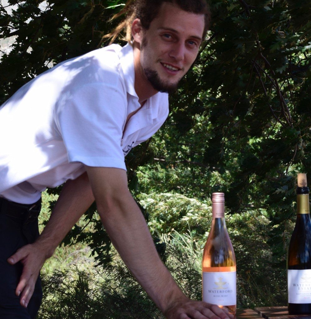 Young man serving wine in vineyard in Stellenbosch, home of South Africa wine tour