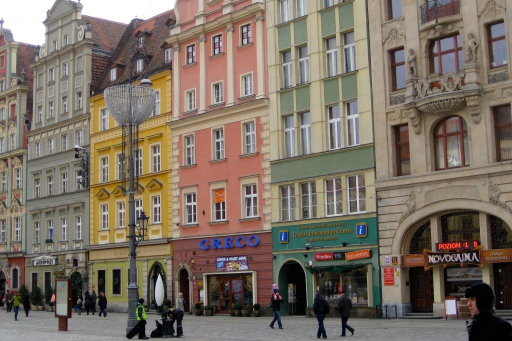 Colorful building facades on a Wroclaw Poland city street.