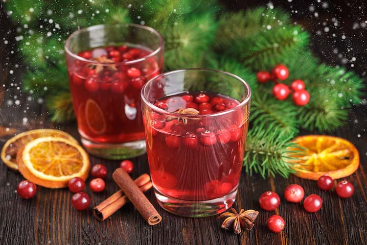 two tumblers with holiday cocktails and cranberries for entertaining