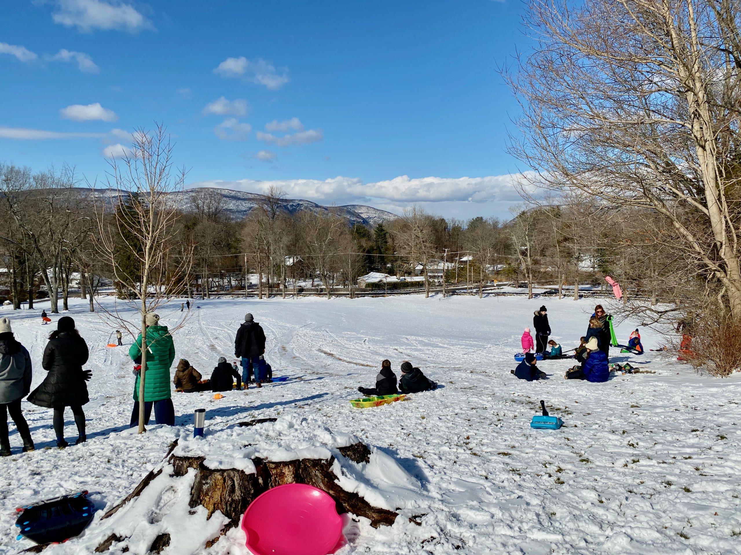 families sledding in the Hudson Valley at Winter Hill in Garrison