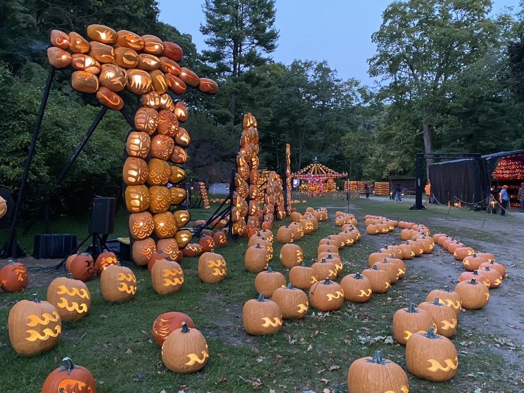 Dragon made out of pumpkins at the Great Jack O'Lantern Blaze, a Halloween event near New York City.