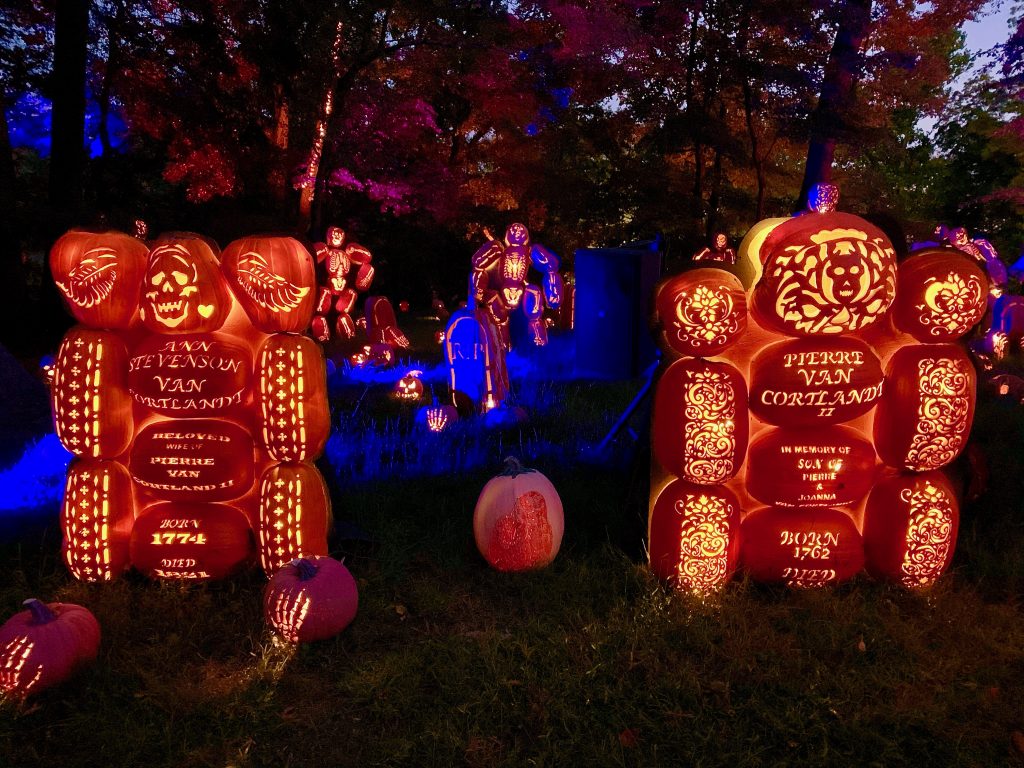 Headstones made out of pumpkins at the Great Jack O'Lantern Blaze, the Hudson Valley's most popular Halloween event.