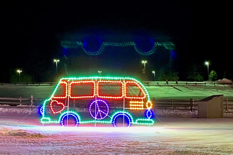 neon vw van at bethel woods drive through holiday lights show