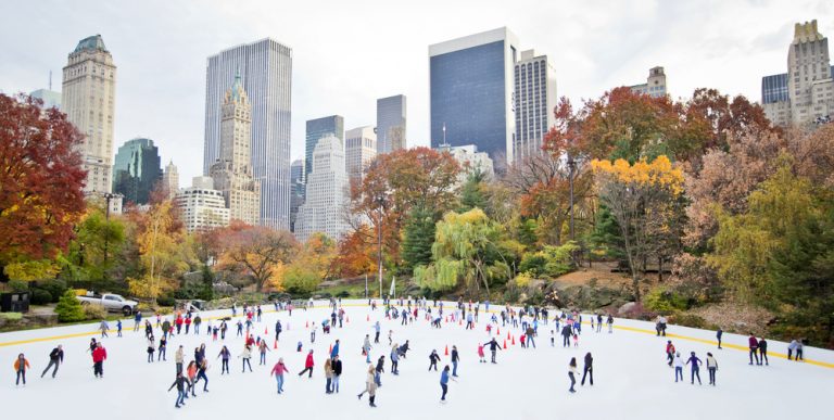 Aerial view of Central Park's Wollman Rink with ice skaters in NYC